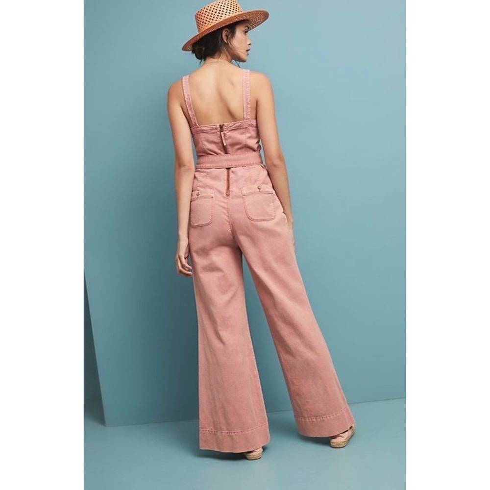 Anthropologie Pilcro Pink Cotton Linen Wide Leg Jumpsuit US 12 Button Front Belt - Picture 7 of 8